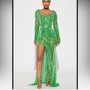 Long sleeve dress sequins mesh slit gala dress